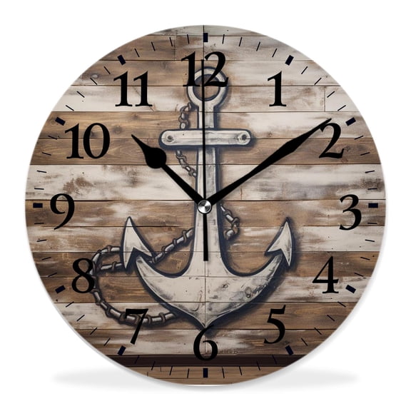 12 Inch Wall Clock Battery Operated Silent Clock Decorative for Office, Kitchen, Outdoor, Living RoomBrown and White r Hand Drawing Boating Sketch Rustic Wooden Painting