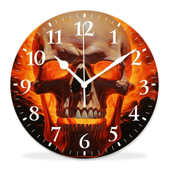 12 Inch Wall Clock Battery Operated Silent Clock Decorative for Office, Kitchen, Outdoor, Living RoomBurning Skull in Fire Flame Day of The Dead Art Picture