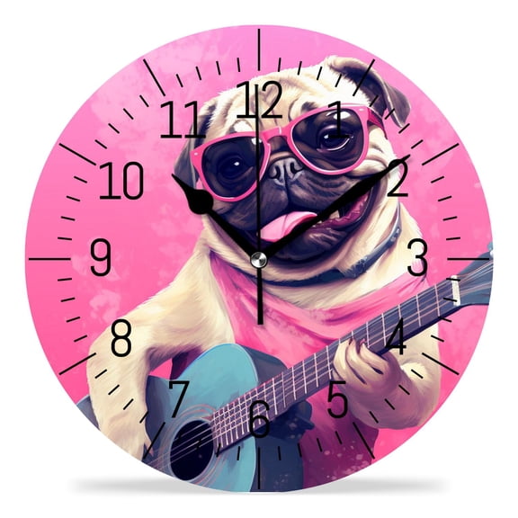 12 Inch Wall Clock Battery Operated Silent Clock Decorative for Office, Kitchen, Outdoor, Living RoomCartoon Puppy Pug Dog with Guitar Music Love Heart Picture