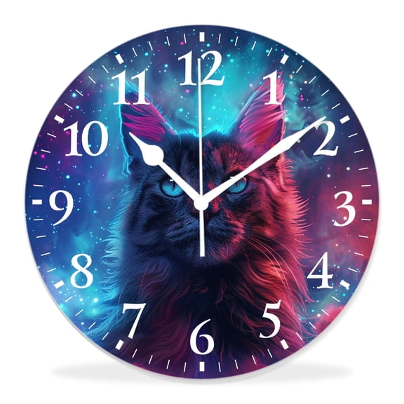 12 Inch Wall Clock Battery Operated Silent Clock Decorative for Office, Kitchen, Outdoor, Living RoomCat in Outer Space Pretty Galaxy Nebula Universe Charming