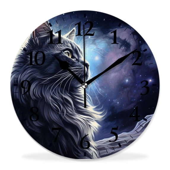 12 Inch Wall Clock Battery Operated Silent Clock Decorative for Office, Kitchen, Outdoor, Living Room,Cat in Outer Space Pretty Galaxy Nebula Universe Print Design