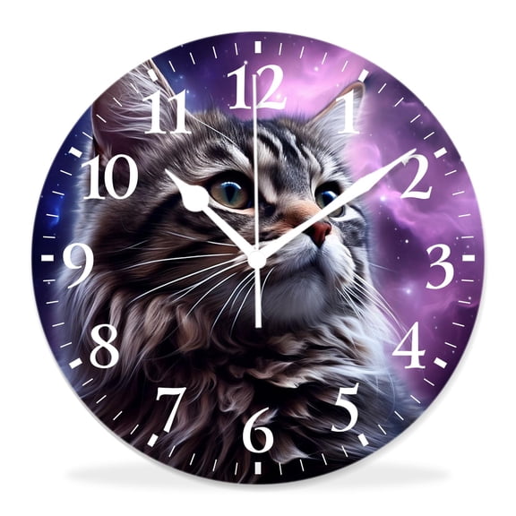 12 Inch Wall Clock Battery Operated Silent Clock Decorative for Office, Kitchen, Outdoor, Living RoomCat in Outer Space Pretty Galaxy Nebula Universe Print Pattern