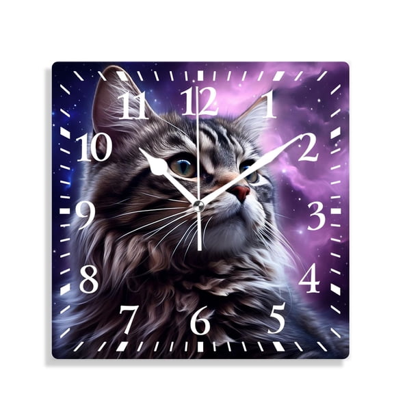 12 Inch Wall Clock Battery Operated Silent Clock Decorative for Office, Kitchen, Outdoor, Living RoomCat in Outer Space Pretty Galaxy Nebula Universe Print Pattern