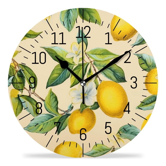 12 Inch Wall Clock Battery Operated Silent Clock Decorative for Office, Kitchen, Outdoor, Living Room,Citrus Fruit Lemons with Green Leaves And Flowers Cute Design