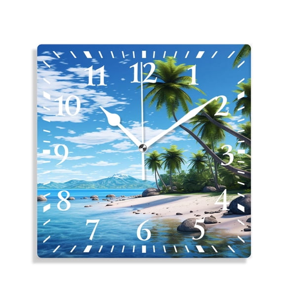 12 Inch Wall Clock Battery Operated Silent Clock Decorative for Office, Kitchen, Outdoor, Living Room,Coconut Tree Tropical Plant Summer Beach Beautiful