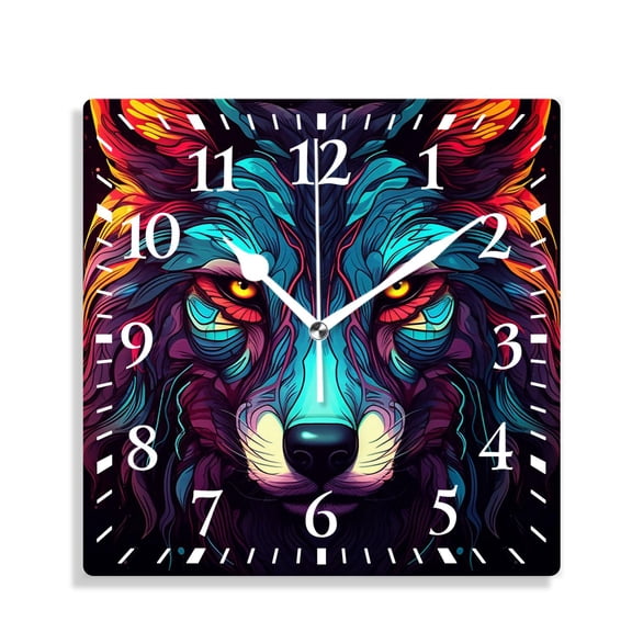 12 Inch Wall Clock Battery Operated Silent Clock Decorative for Office, Kitchen, Outdoor, Living RoomColored Head Wolf African Indian Tattoo on Black Creative