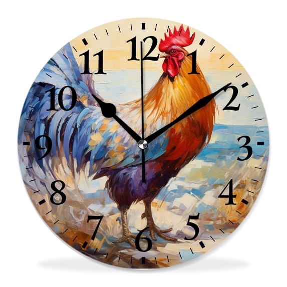 12 Inch Wall Clock Battery Operated Silent Clock Decorative for Office, Kitchen, Outdoor, Living Room，Colorful Rooster Original Oil Painting Elegant Pattern