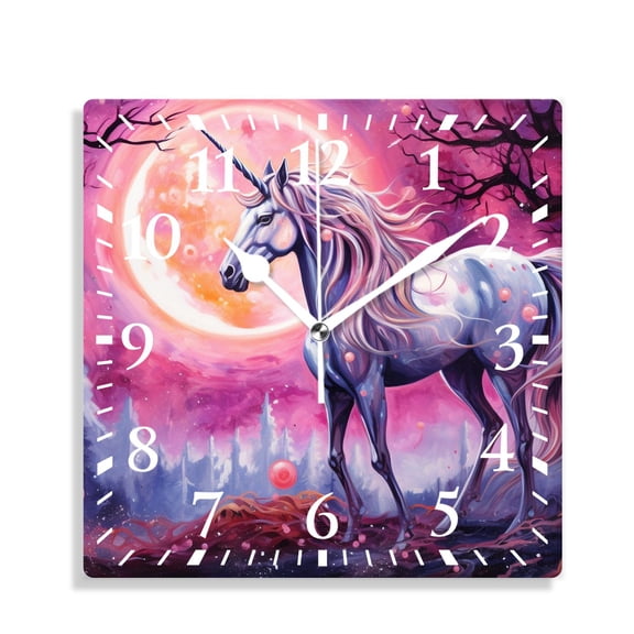 12 Inch Wall Clock Battery Operated Silent Clock Decorative for Office, Kitchen, Outdoor, Living Room，Colourful Unicorn on Ocean in Night Purple Exquisite