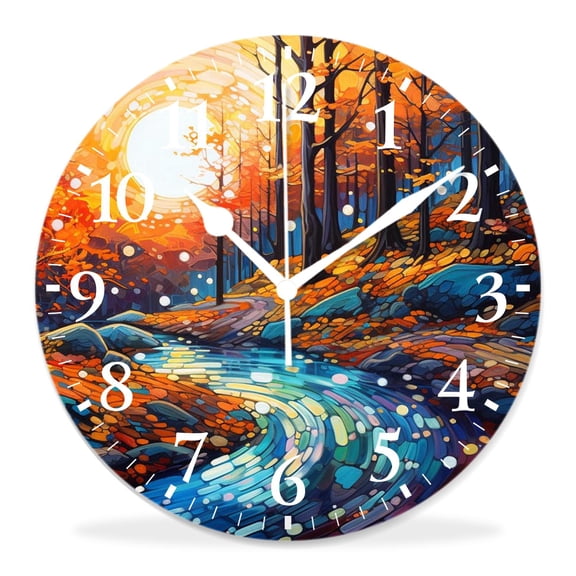 12 Inch Wall Clock Battery Operated Silent Clock Decorative for Office, Kitchen, Outdoor, Living RoomCountry Dark and Deep in The forest in Fall Autumn Season Art