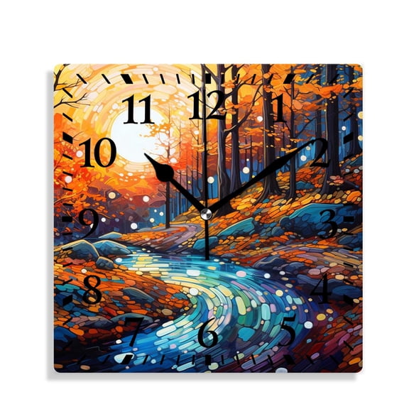 12 Inch Wall Clock Battery Operated Silent Clock Decorative for Office, Kitchen, Outdoor, Living RoomCountry Dark and Deep in The forest in Fall Autumn Season Art