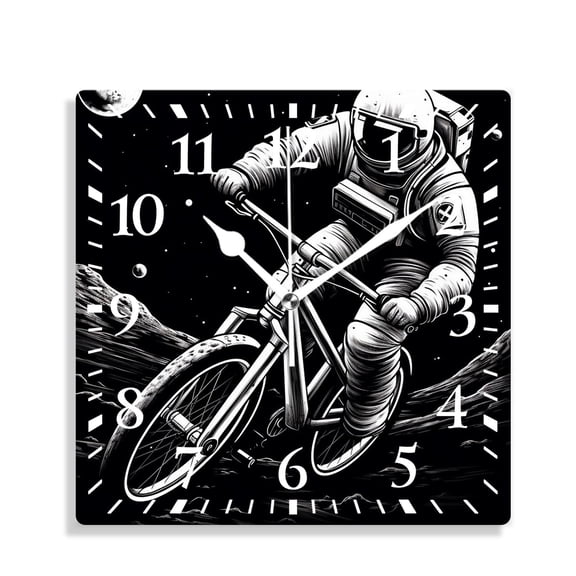 12 Inch Wall Clock Battery Operated Silent Clock Decorative for Office, Kitchen, Outdoor, Living RoomCute Astronaut Riding Bicycle on Moon Starry Night Sky Print Black and White Design Design