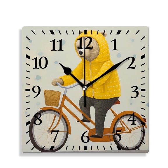 12 Inch Wall Clock Battery Operated Silent Clock Decorative for Office, Kitchen, Outdoor, Living RoomCute Bear in Yellow Scarf Riding Bicycle Circus Show Cartoon Character Exquisite