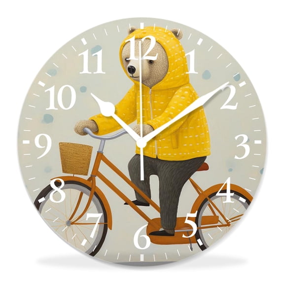12 Inch Wall Clock Battery Operated Silent Clock Decorative for Office, Kitchen, Outdoor, Living RoomCute Bear in Yellow Scarf Riding Bicycle Circus Show Cartoon Character Exquisite