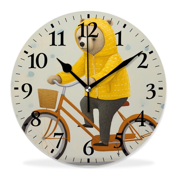 12 Inch Wall Clock Battery Operated Silent Clock Decorative for Office, Kitchen, Outdoor, Living RoomCute Bear in Yellow Scarf Riding Bicycle Circus Show Cartoon Character Exquisite