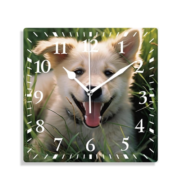 12 Inch Wall Clock Battery Operated Silent Clock Decorative for Office, Kitchen, Outdoor, Living Room,Cute Dog Animal Pug Puppy Standing in Green Grass Bright Sunshine Multicolor
