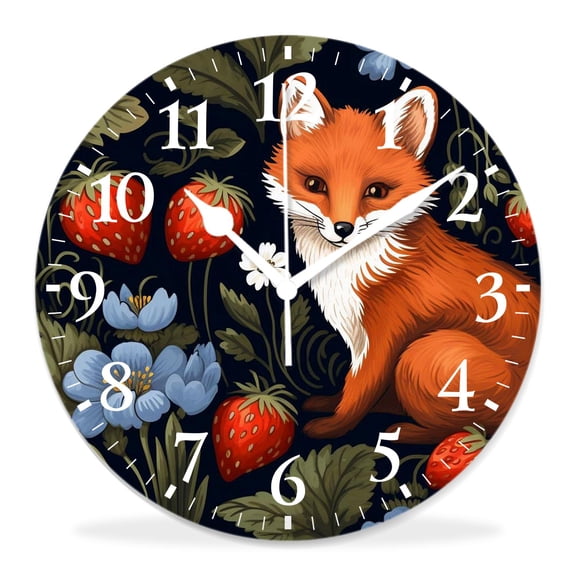 12 Inch Wall Clock Battery Operated Silent Clock Decorative for Office, Kitchen, Outdoor, Living RoomCute Fox and Wild Strawberry forest Pattern Beautiful