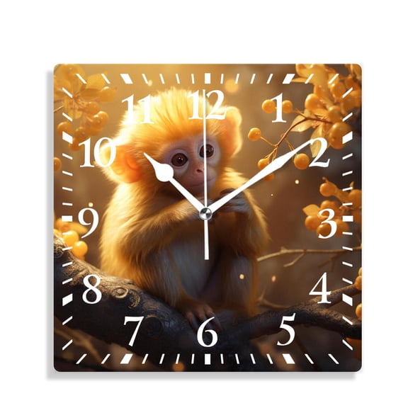 12 Inch Wall Clock Battery Operated Silent Clock Decorative for Office, Kitchen, Outdoor, Living RoomCute Golden Monkey Baby Animal on Tree Branch in Green forest Pattern