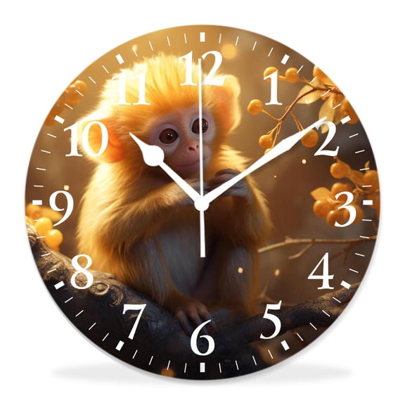 12 Inch Wall Clock Battery Operated Silent Clock Decorative for Office, Kitchen, Outdoor, Living RoomCute Golden Monkey Baby Animal on Tree Branch in Green forest Pattern