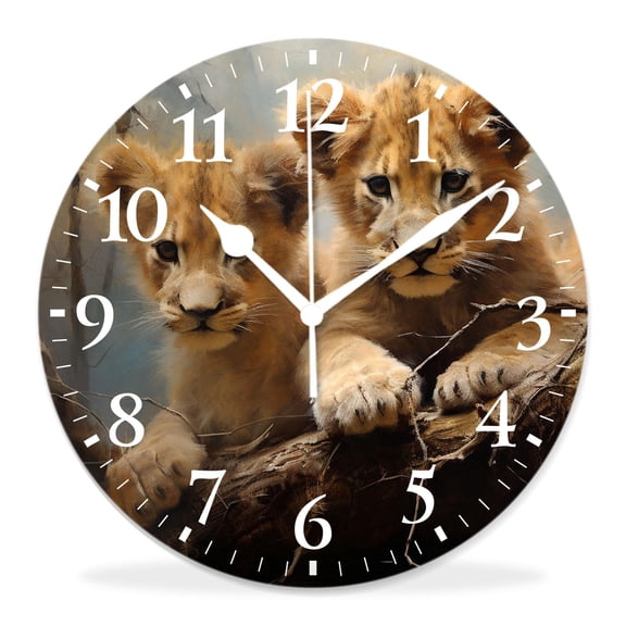 12 Inch Wall Clock Battery Operated Silent Clock Decorative for Office, Kitchen, Outdoor, Living RoomCute Lion Playing Wildlife Animal in Autumn Woodland Drawing
