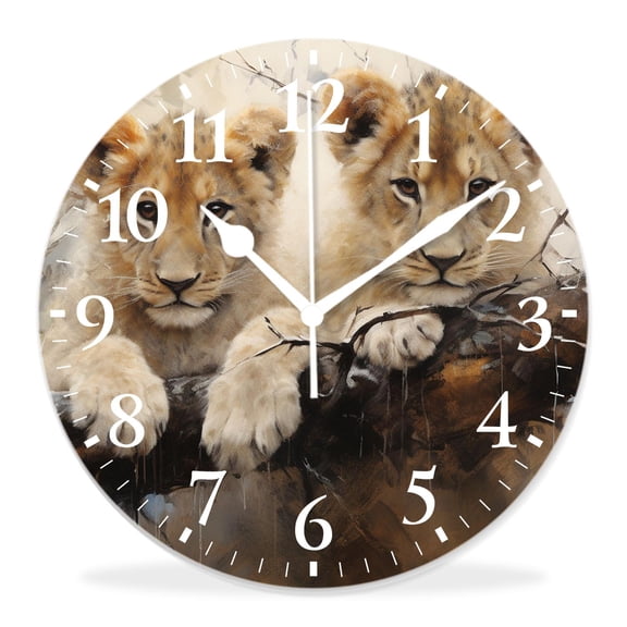 12 Inch Wall Clock Battery Operated Silent Clock Decorative for Office, Kitchen, Outdoor, Living RoomCute Lion Playing Wildlife Animal in Autumn Woodland Painting
