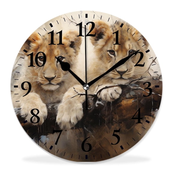12 Inch Wall Clock Battery Operated Silent Clock Decorative for Office, Kitchen, Outdoor, Living RoomCute Lion Playing Wildlife Animal in Autumn Woodland Painting