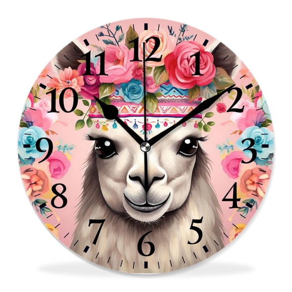 12 Inch Wall Clock Battery Operated Silent Clock Decorative for Office, Kitchen, Outdoor, Living RoomCute Llama Alpaca in Colorful Floral Flower Wreath Cartoon Character Animal on Beautiful Picture