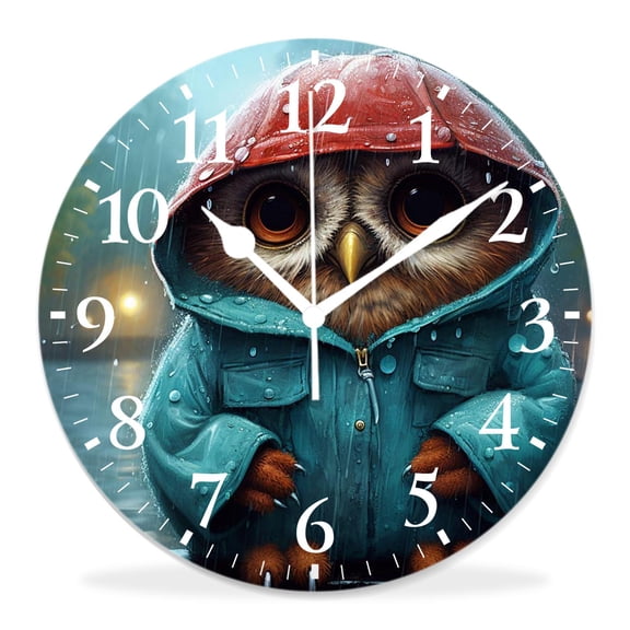 12 Inch Wall Clock Battery Operated Silent Clock Decorative for Office, Kitchen, Outdoor, Living RoomCute Owl Bird Under Red Umbrella in Rain Winter Pattern Lovely