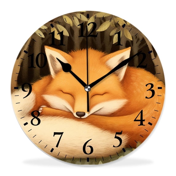 12 Inch Wall Clock Battery Operated Silent Clock Decorative for Office, Kitchen, Outdoor, Living Room,Cute Red Fox Sleeping in The forest Lovely Pattern