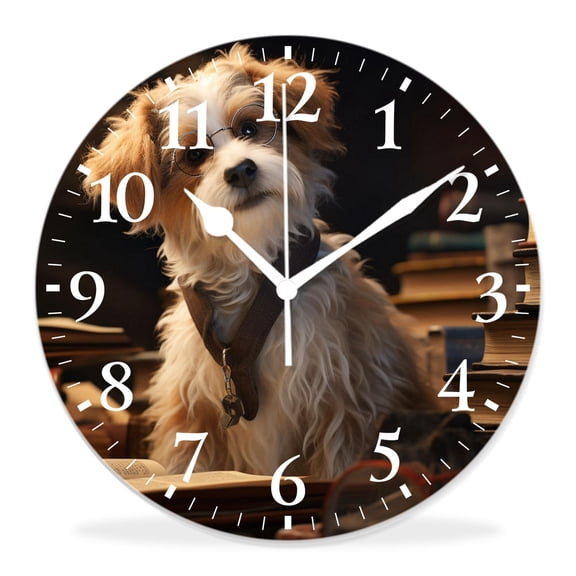 12 Inch Wall Clock Battery Operated Silent Clock Decorative for Office, Kitchen, Outdoor, Living RoomDachshund Puppy Dog Bookworm Library Vintage Adorable