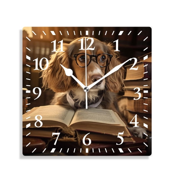 12 Inch Wall Clock Battery Operated Silent Clock Decorative for Office, Kitchen, Outdoor, Living RoomDachshund Puppy Dog Bookworm Library Vintage Image