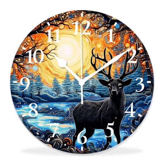 12 Inch Wall Clock Battery Operated Silent Clock Decorative for Office, Kitchen, Outdoor, Living RoomDeer in Antler Autumn Sunset forest Winter Woodland Beautiful
