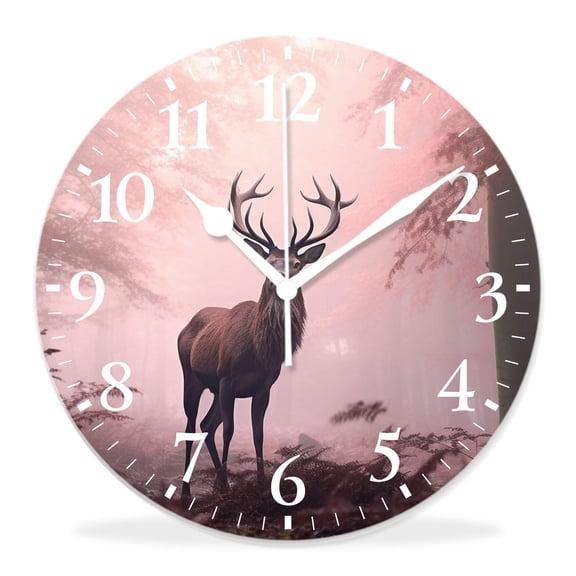 12 Inch Wall Clock Battery Operated Silent Clock Decorative for Office, Kitchen, Outdoor, Living RoomDeer Antler with Down Fantasy forest Woodland Print