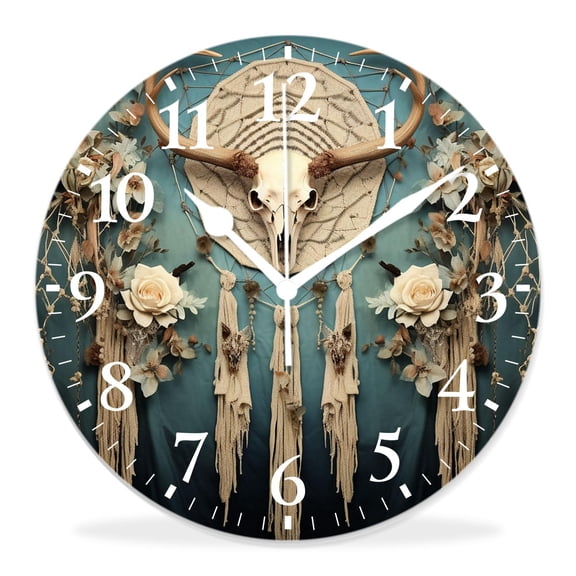 12 Inch Wall Clock Battery Operated Silent Clock Decorative for Office, Kitchen, Outdoor, Living RoomDeer Skull Skeleton Butterfly Tribal Ethnic Dreamcatcher Feather Picture