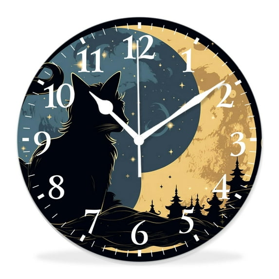 12 Inch Wall Clock Battery Operated Silent Clock Decorative for Office, Kitchen, Outdoor, Living Room,Dog and Cat Sit on Moon Under Starry Stars Night Sky Elegant