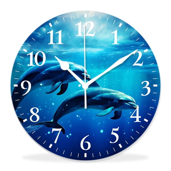 12 Inch Wall Clock Battery Operated Silent Clock Decorative for Office, Kitchen, Outdoor, Living RoomDolphin Couple Jumping Blue Starry Night Sky Full Moon Ocean Design