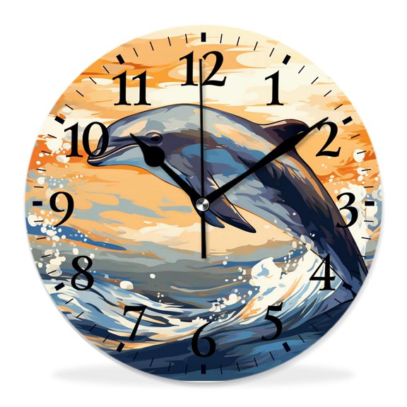 12 Inch Wall Clock Battery Operated Silent Clock Decorative for Office, Kitchen, Outdoor, Living RoomDolphin Jumping Out Ocean with Sea Water Splash Design