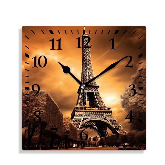 12 Inch Wall Clock Battery Operated Silent Clock Decorative for Office, Kitchen, Outdoor, Living RoomEiffel Tourist Attraction in Paris France Brown Exquisite