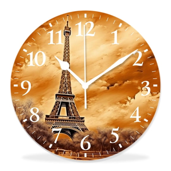 12 Inch Wall Clock Battery Operated Silent Clock Decorative for Office, Kitchen, Outdoor, Living RoomEiffel Tourist attraction in Paris France Brown Painting
