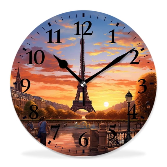 12 Inch Wall Clock Battery Operated Silent Clock Decorative for Office, Kitchen, Outdoor, Living RoomEiffel Tower Landmark Sunrise with Clouds on Horizon Park Sun Beautiful