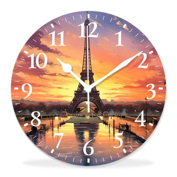 12 Inch Wall Clock Battery Operated Silent Clock Decorative for Office, Kitchen, Outdoor, Living RoomEiffel Tower Landmark Sunrise with Clouds on Horizon Park Sun Lovely