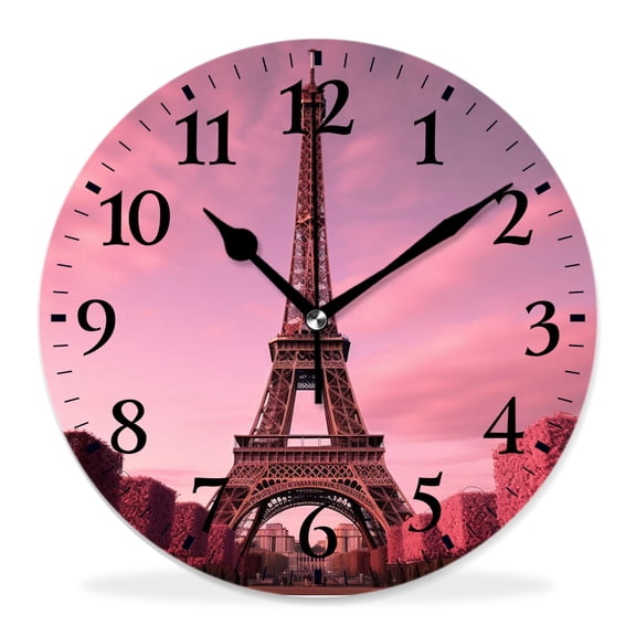 12 Inch Wall Clock Battery Operated Silent Clock Decorative for Office, Kitchen, Outdoor, Living RoomEiffel Tower in Sunset Paris Beautiful Sky Moon Adorable