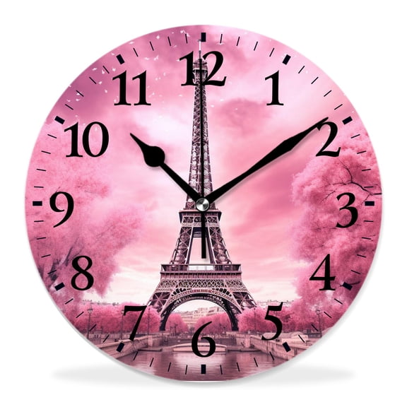 12 Inch Wall Clock Battery Operated Silent Clock Decorative for Office, Kitchen, Outdoor, Living RoomEiffel Tower in Sunset Paris Beautiful Sky Moon Art