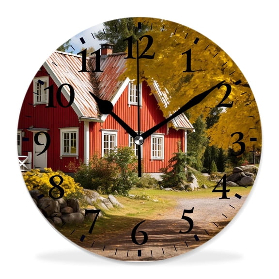 12 Inch Wall Clock Battery Operated Silent Clock Decorative for Office, Kitchen, Outdoor, Living RoomFall Traditional Red Swedish House Environment Countryside Woods Drawing