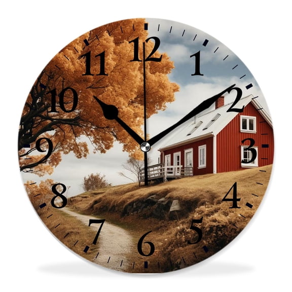12 Inch Wall Clock Battery Operated Silent Clock Decorative for Office, Kitchen, Outdoor, Living RoomFall Traditional Red Swedish House Environment Countryside Woods Print