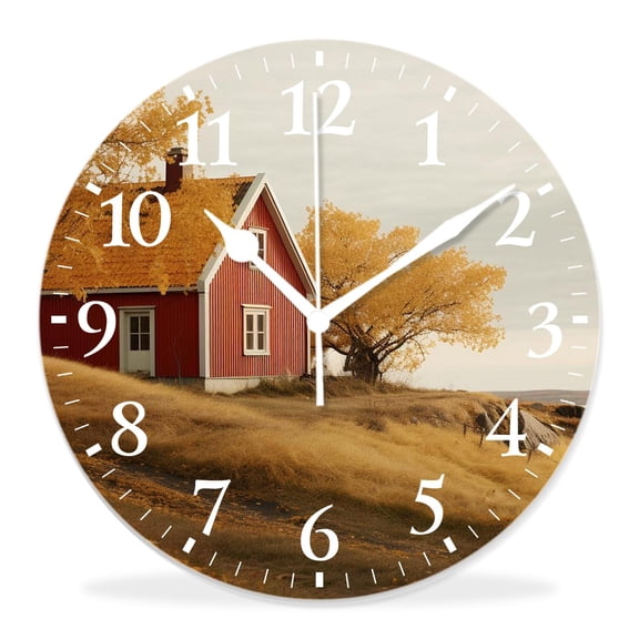 12 Inch Wall Clock Battery Operated Silent Clock Decorative for Office, Kitchen, Outdoor, Living RoomFall Traditional Red Swedish House Environment Countryside Woods Style