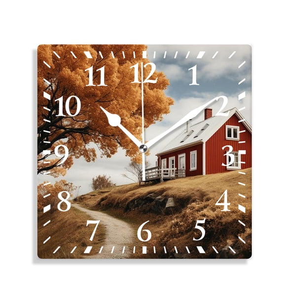 12 Inch Wall Clock Battery Operated Silent Clock Decorative for Office, Kitchen, Outdoor, Living RoomFall Traditional Red Swedish House Environment Countryside Woods Print