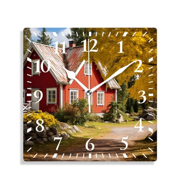 12 Inch Wall Clock Battery Operated Silent Clock Decorative for Office, Kitchen, Outdoor, Living RoomFall Traditional Red Swedish House Environment Countryside Woods Drawing