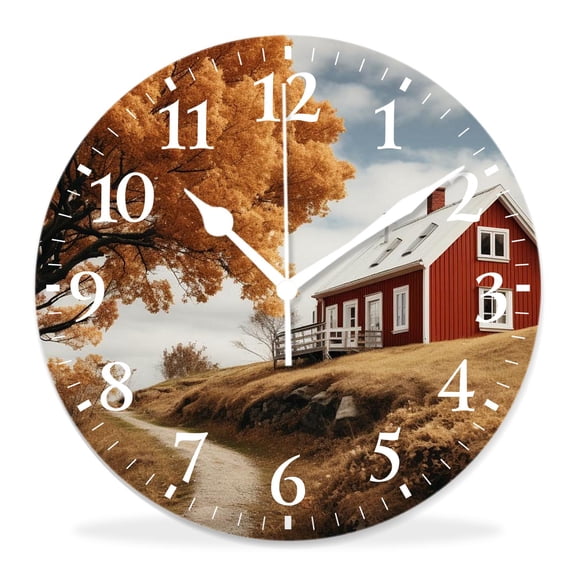 12 Inch Wall Clock Battery Operated Silent Clock Decorative for Office, Kitchen, Outdoor, Living RoomFall Traditional Red Swedish House Environment Countryside Woods Print