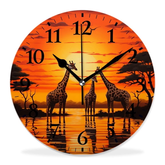 12 Inch Wall Clock Battery Operated Silent Clock Decorative for Office, Kitchen, Outdoor, Living RoomFamily Giraffe Sunset Landscape Nature Scenery Lovely