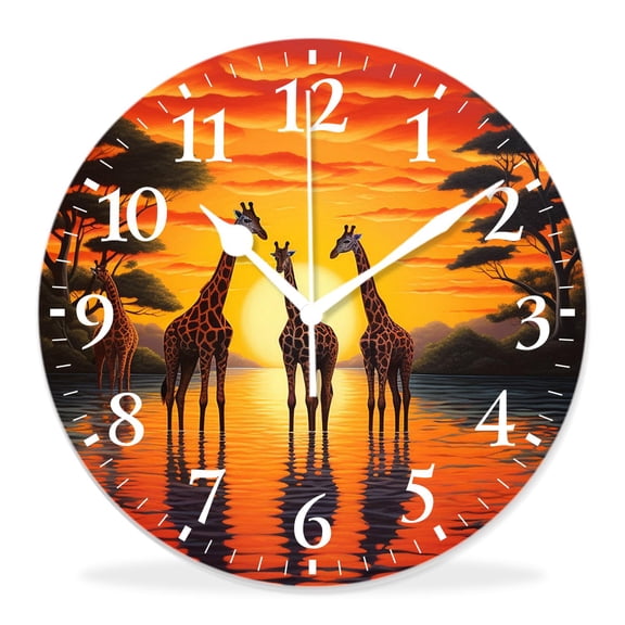 12 Inch Wall Clock Battery Operated Silent Clock Decorative for Office, Kitchen, Outdoor, Living RoomFamily Giraffe Sunset Landscape Nature Scenery Print
